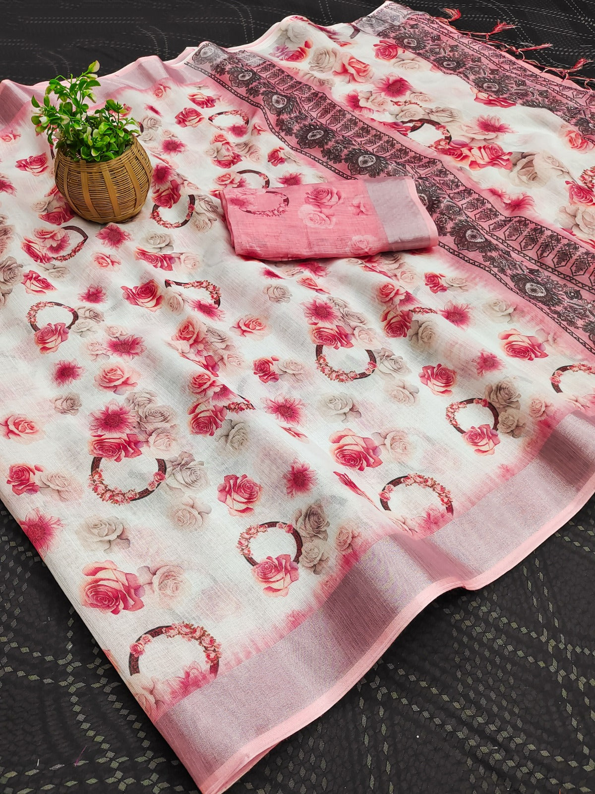 Pink Floral Printed Cotton Linen Saree with Tassels for Women
