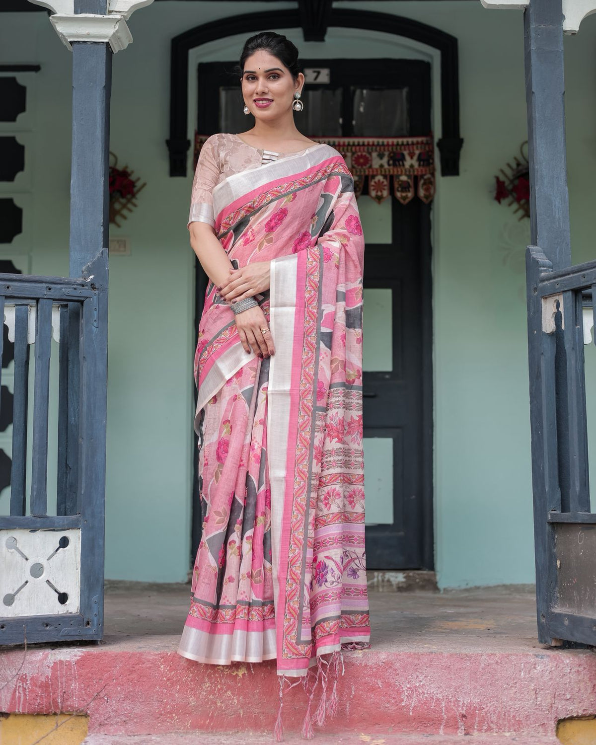 Pink Printed Linen Saree with Designer Border Style for Women