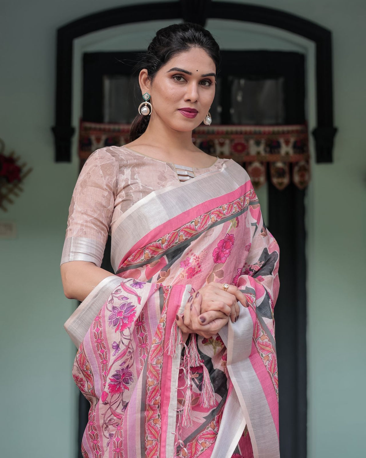 Pink Printed Linen Saree with Designer Border Style for Women