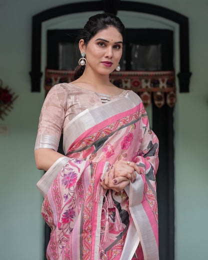 Pink Printed Linen Saree with Designer Border Style for Women