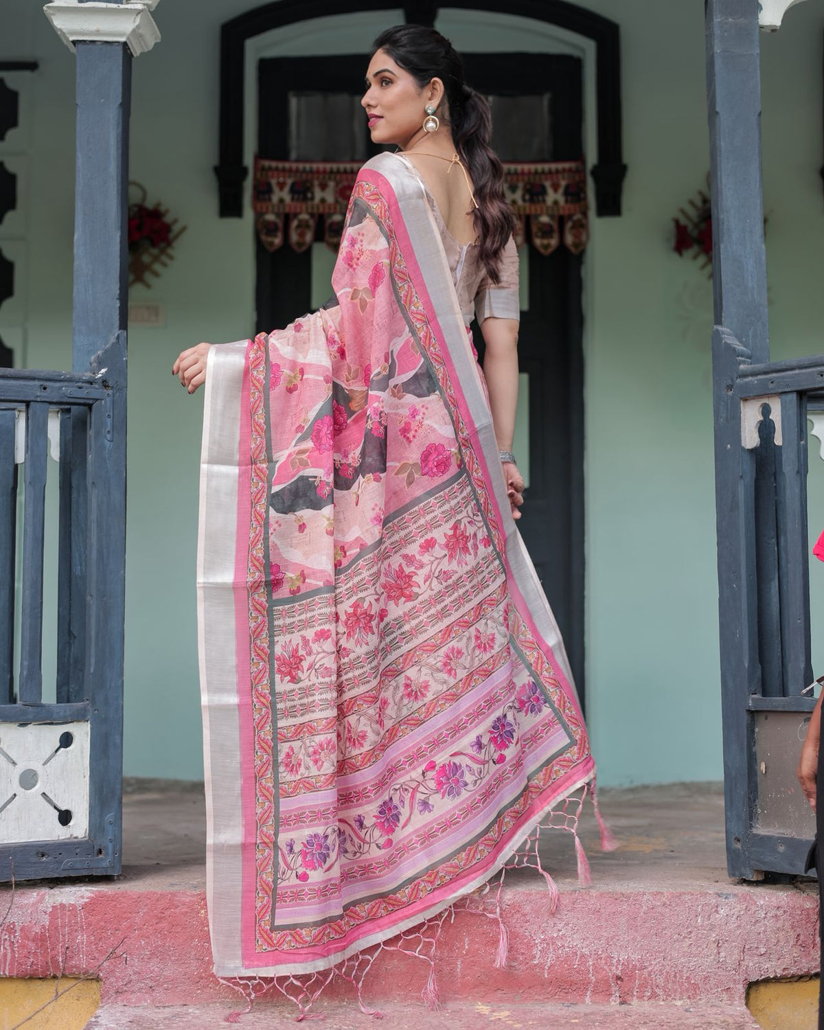 Pink Printed Linen Saree with Designer Border Style for Women