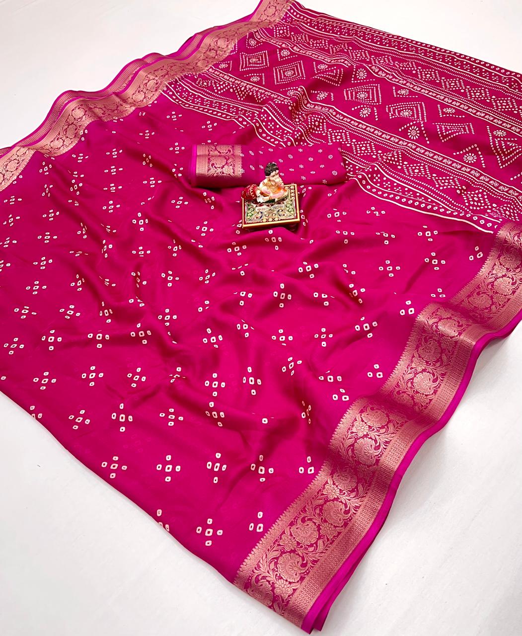 Pink Calcutta Moss Georgette Printed Saree With Zari Border for Women