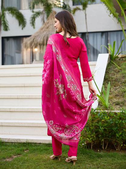 Pink Roman Silk Bloom Embroidered Suit Set for Women