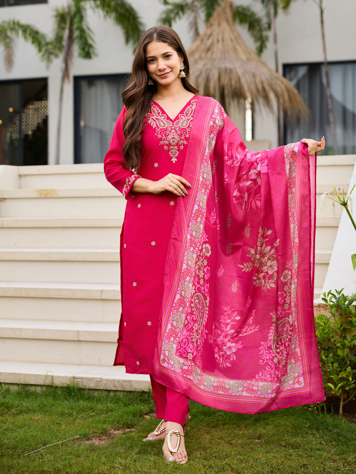 Pink Roman Silk Bloom Embroidered Suit Set for Women