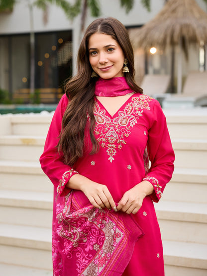 Pink Roman Silk Bloom Embroidered Suit Set for Women