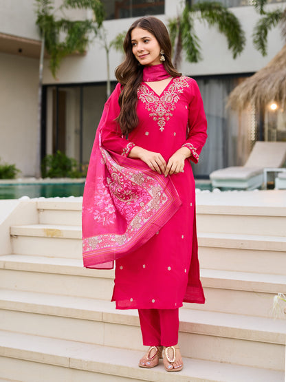 Pink Roman Silk Bloom Embroidered Suit Set for Women