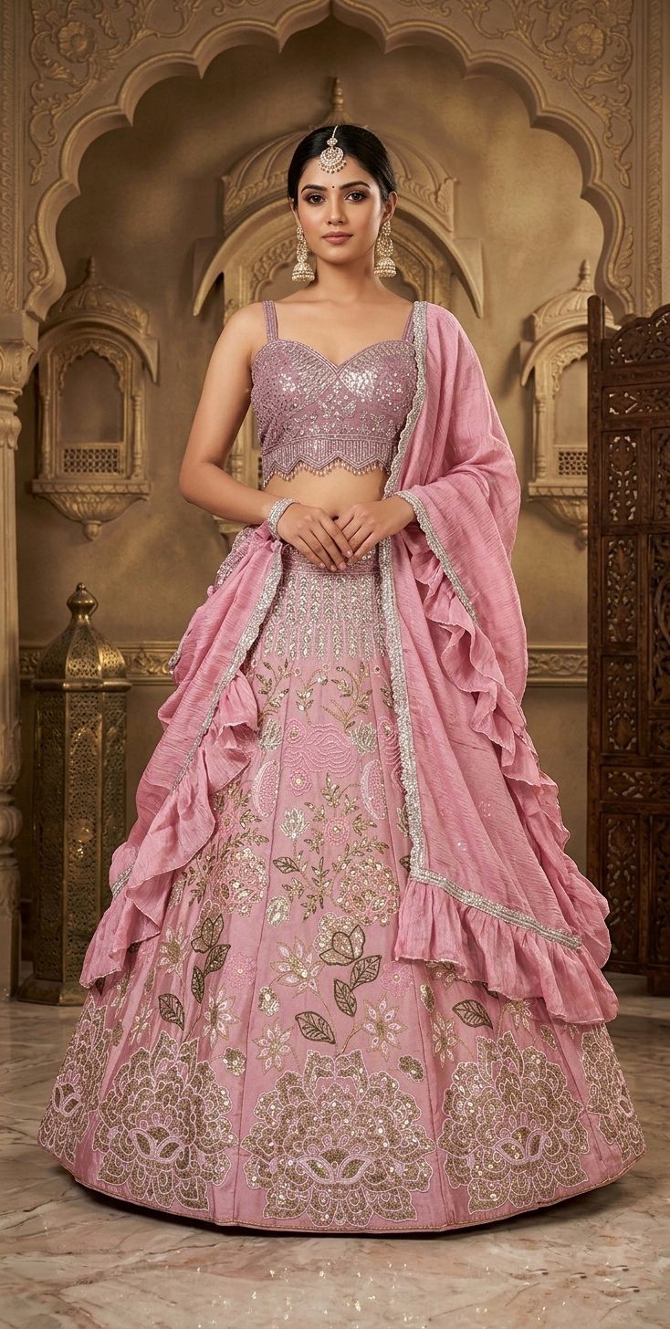 Pink Chinon Silk Sequins Embroidered Lehenga Set Sale