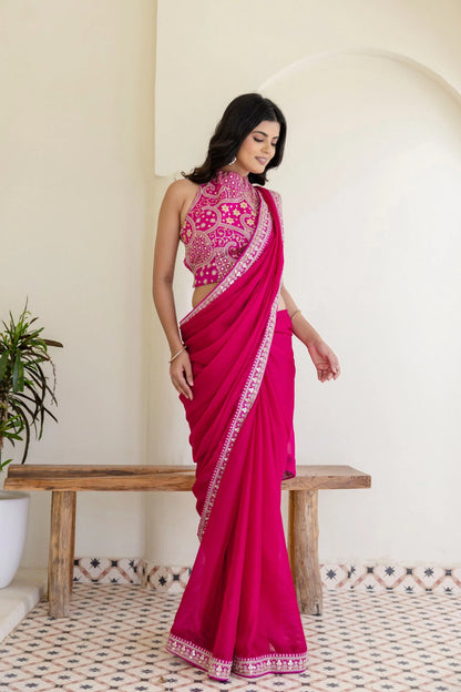 Pink Rangoli Silk Saree with Cording Embroidery and Double Sequins