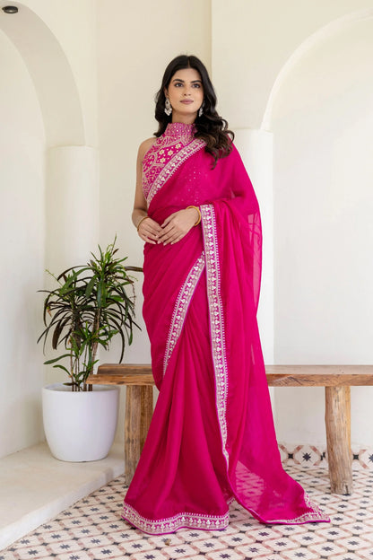 Pink Rangoli Silk Saree with Cording Embroidery and Double Sequins