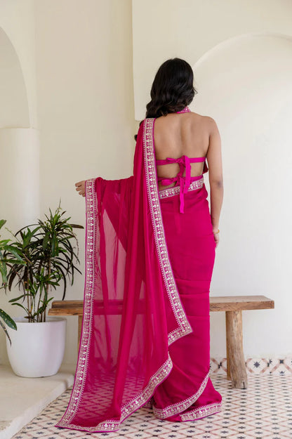 Pink Rangoli Silk Saree with Cording Embroidery and Double Sequins