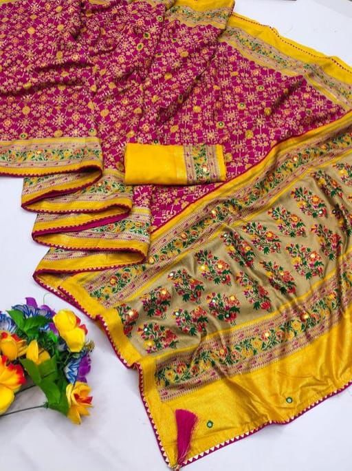 Pink Soft Pashmina Silk Printed Saree With Patola Border