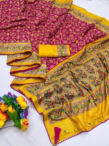Pink Soft Pashmina Silk Printed Saree With Patola Border for Women