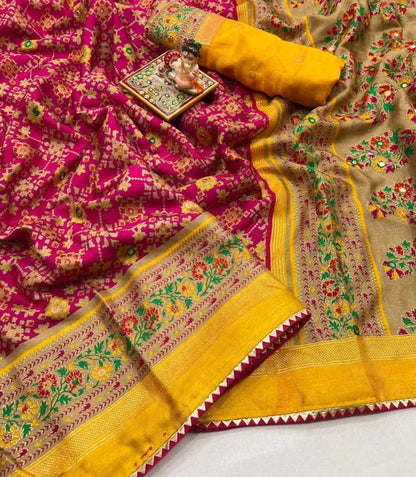 Pink Soft Pashmina Silk Printed Saree With Patola Border for Women