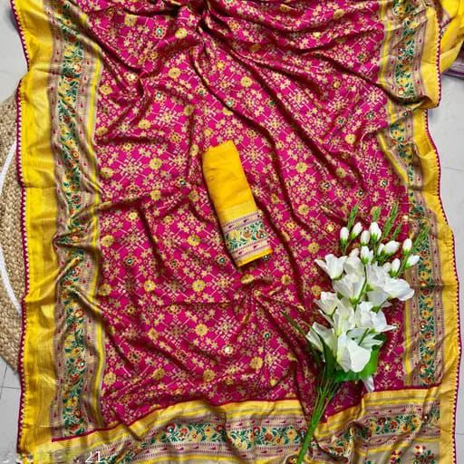 Pink Soft Pashmina Silk Printed Saree With Patola Border for Women