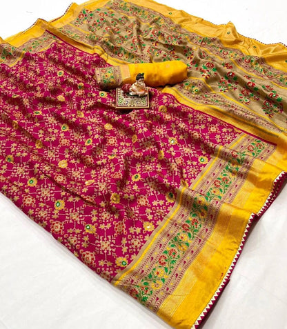 Pink Soft Pashmina Silk Printed Saree With Patola Border for Women