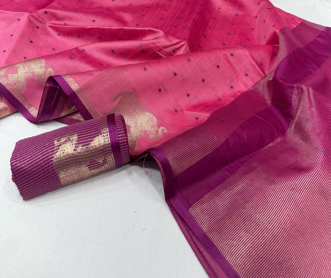 Pink Bandhani Silk Saree with Zari Elephant Border for Women