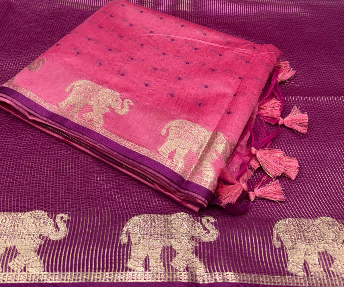 Pink Bandhani Silk Saree with Zari Elephant Border for Women