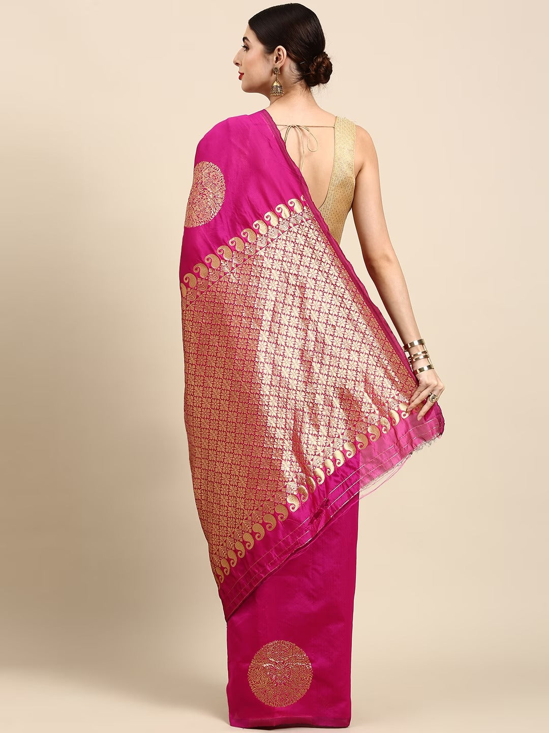 Rani Pink Soft Silk Saree with Traditional Zari Motifs for Women