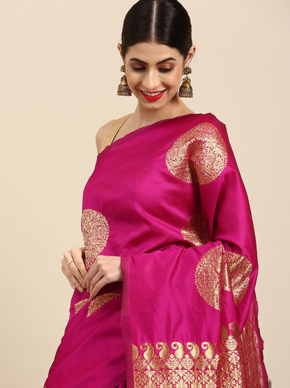 Rani Pink Soft Silk Saree with Traditional Zari Motifs for Women