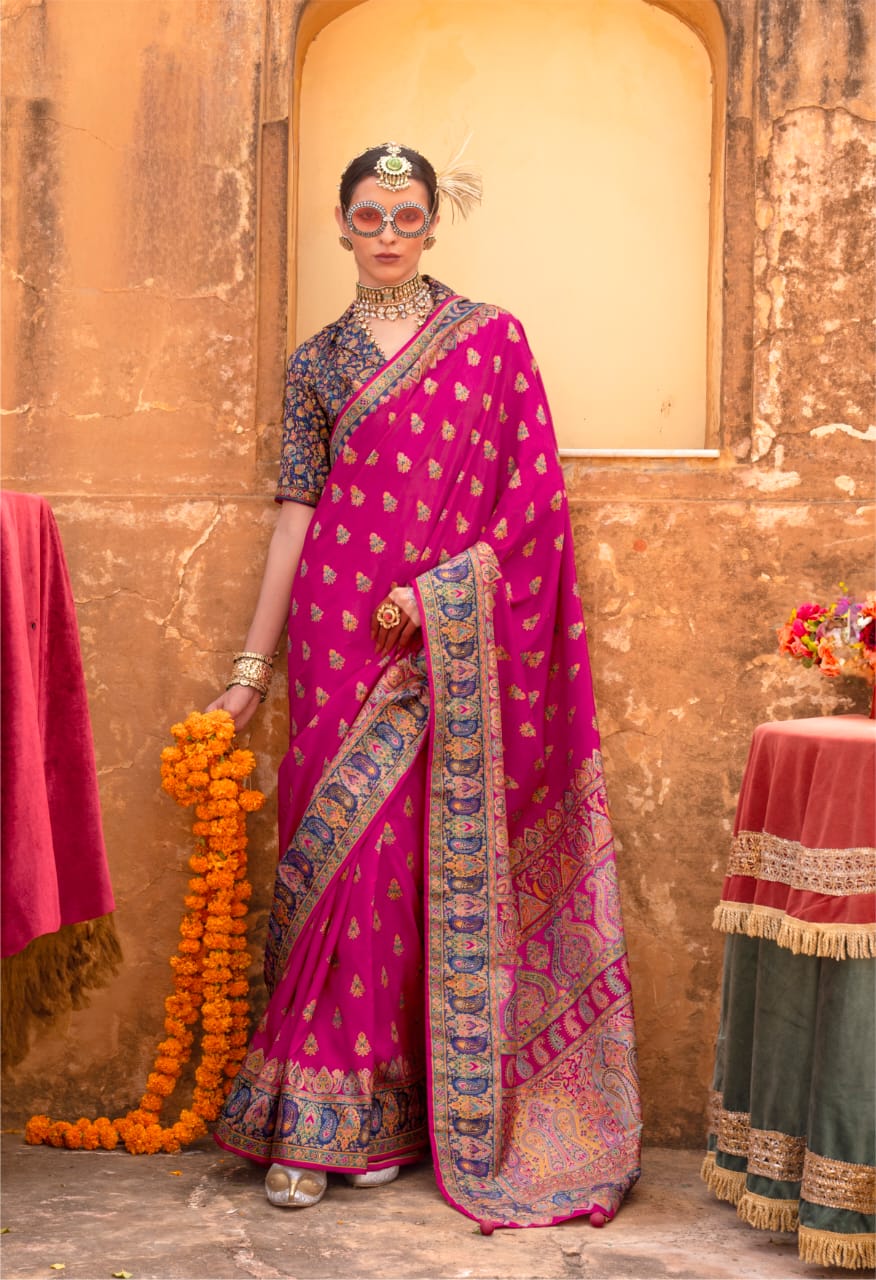 Pink Woven Zari Silk Blend Saree With Brocade Blouse