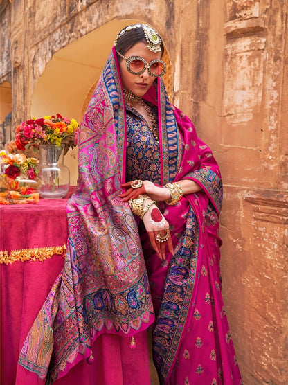 Pink Woven Zari Silk Blend Saree With Brocade Blouse for Women