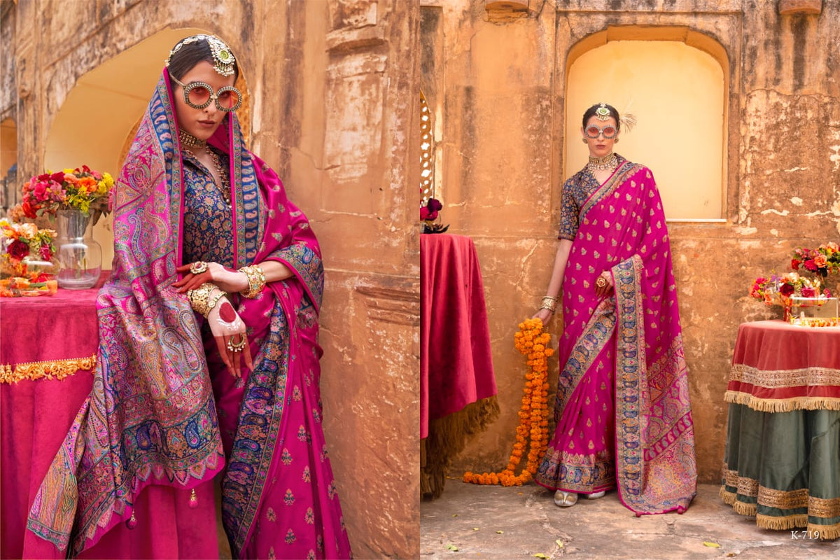 Pink Woven Zari Silk Blend Saree With Brocade Blouse for Women