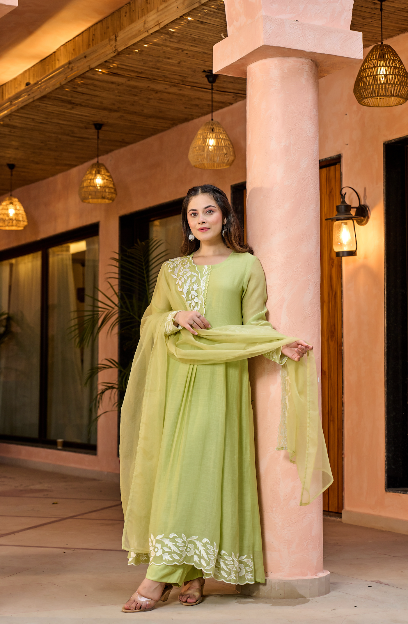 Pista Green Embroidered Chanderi Kurta Dupatta Set