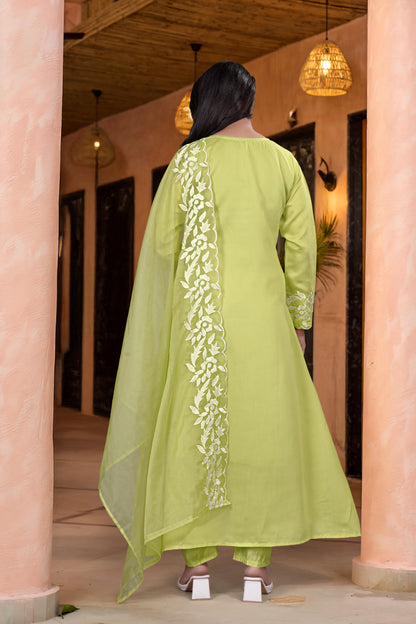 Pista Green Embroidered Chanderi Kurta Dupatta Set for Women