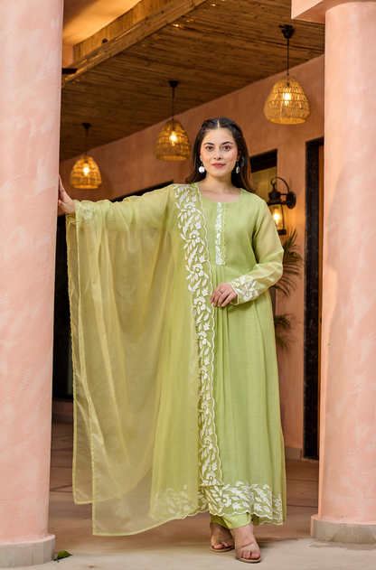 Pista Green Embroidered Chanderi Kurta Dupatta Set for Women