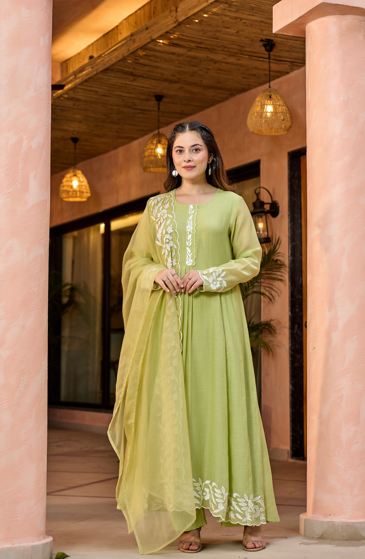 Pista Green Embroidered Chanderi Kurta Dupatta Set for Women