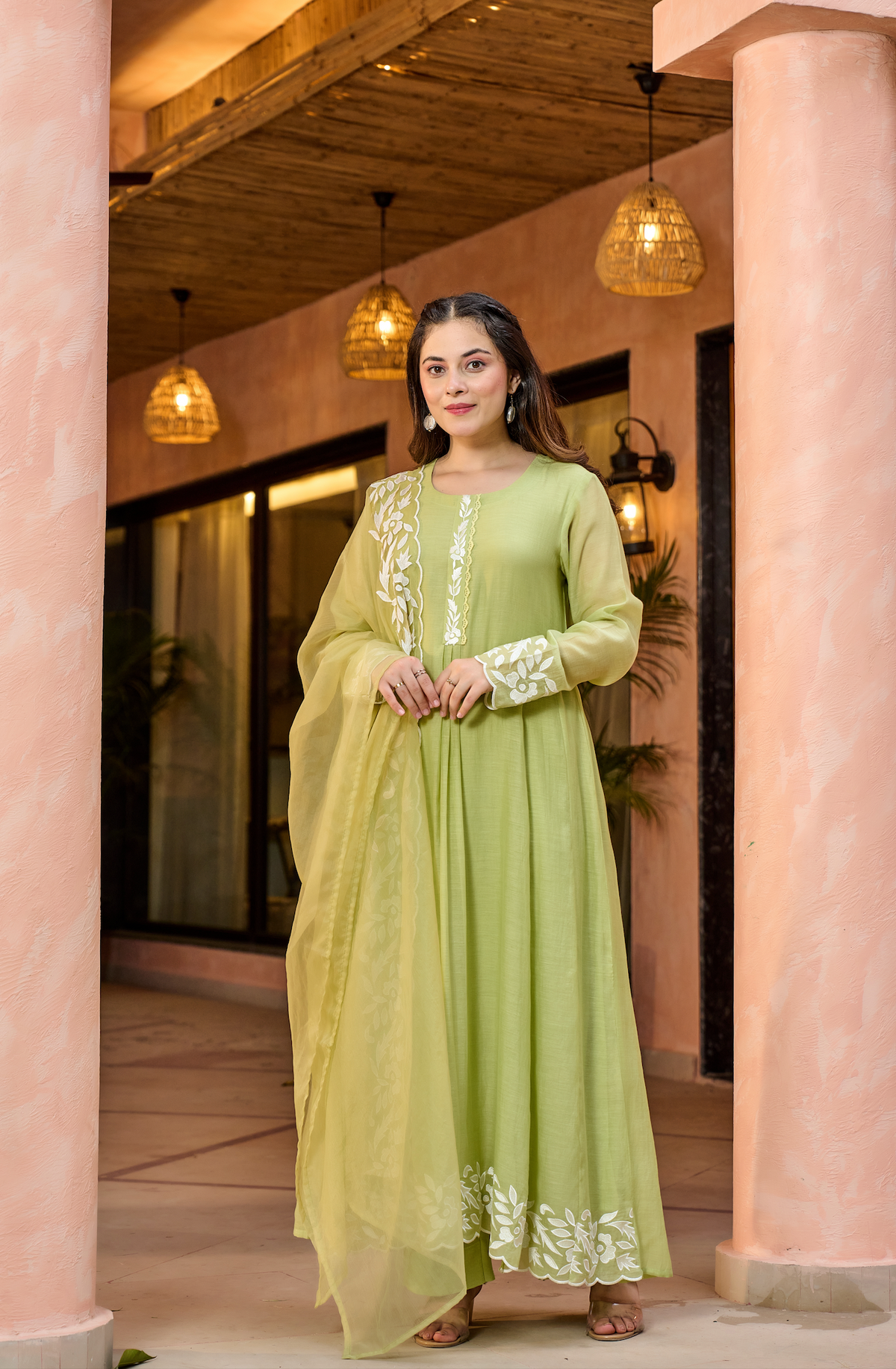 Pista Green Embroidered Chanderi Kurta Dupatta Set for Women
