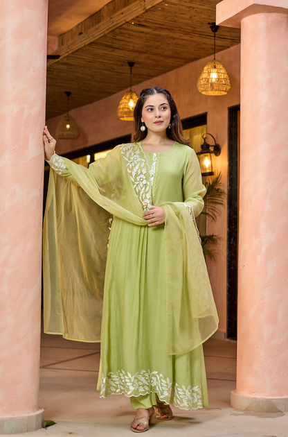 Pista Green Embroidered Chanderi Kurta Dupatta Set for Women