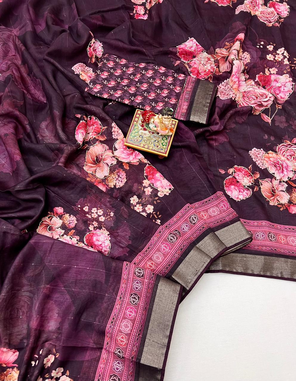Plum Floral Cotton Saree With CutDana Work Blouse for Women