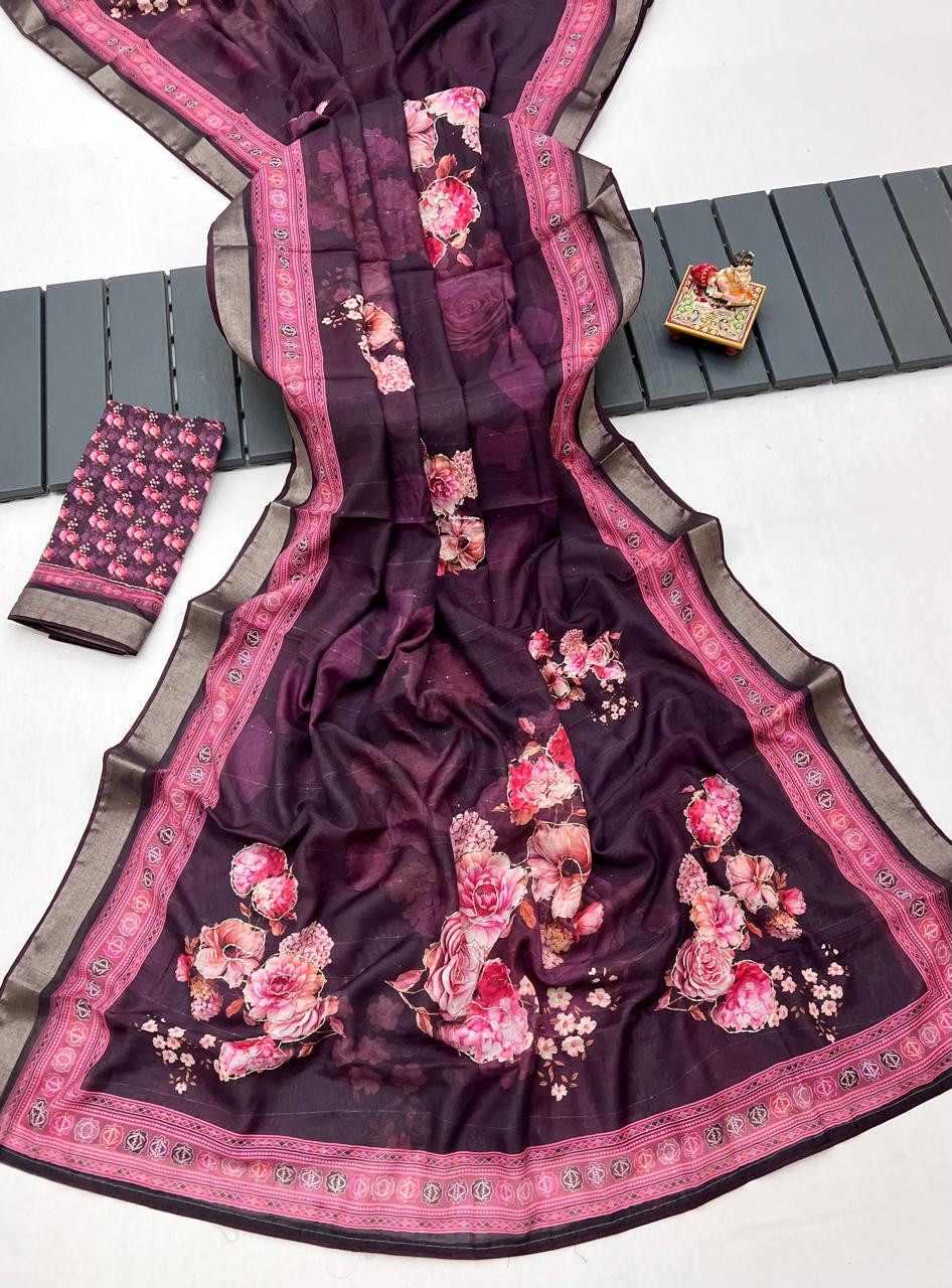 Plum Floral Cotton Saree With CutDana Work Blouse for Women