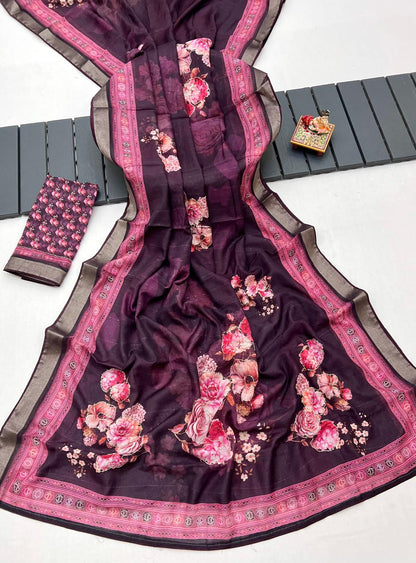 Plum Floral Cotton Saree With CutDana Work Blouse for Women