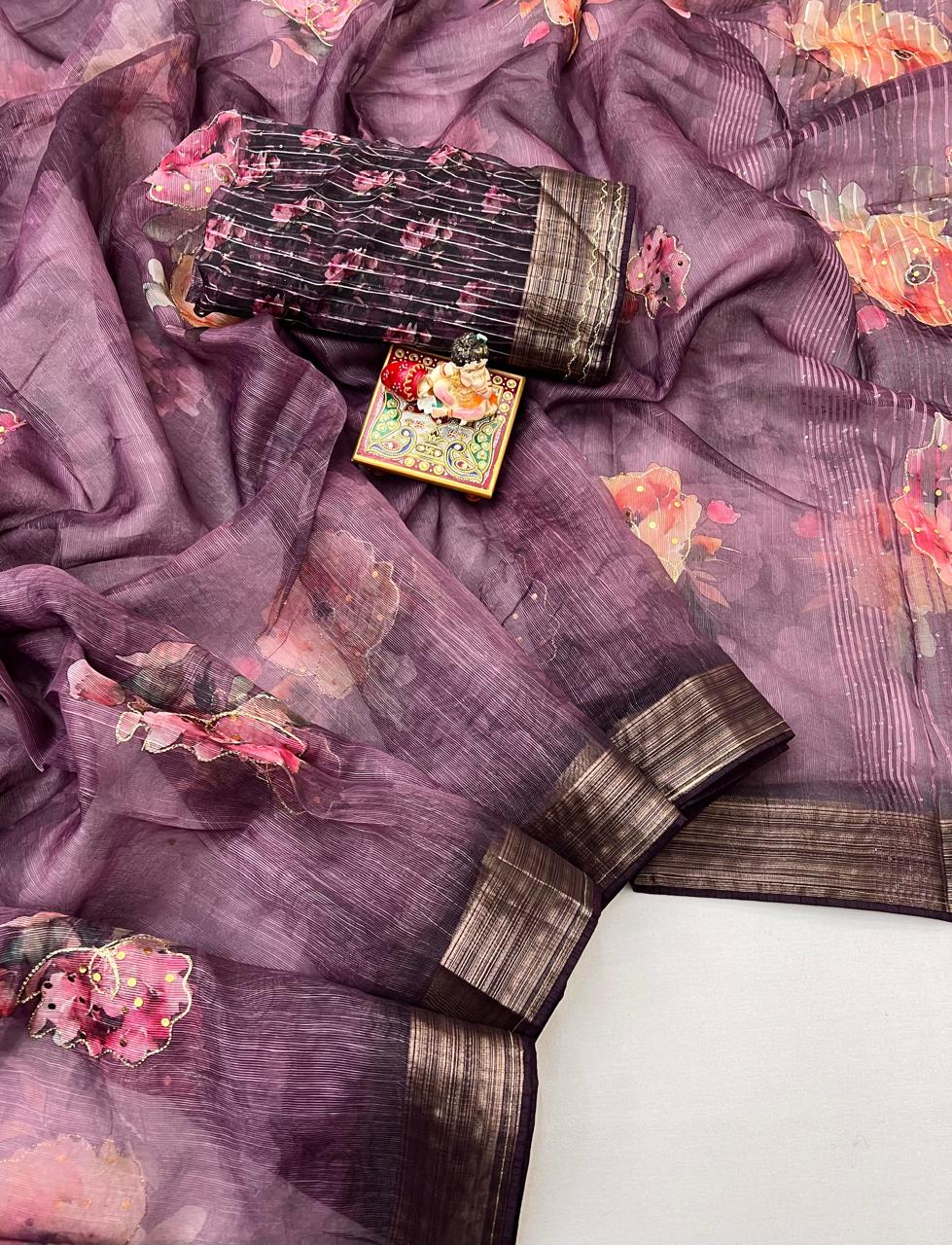 Plum Floral Digital Print Organza Cotton Silk Saree for Women