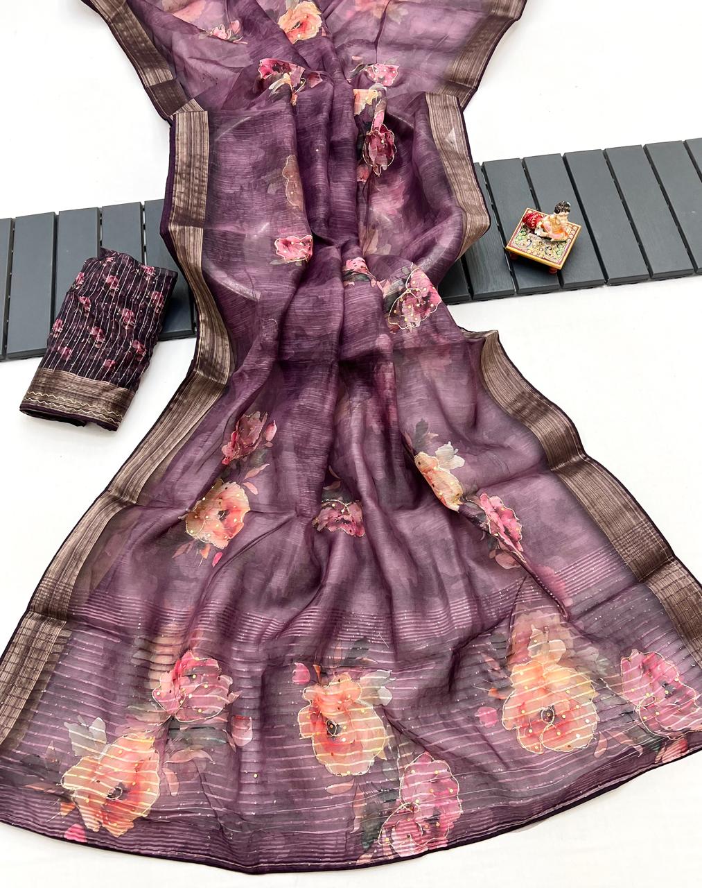 Plum Floral Digital Print Organza Cotton Silk Saree for Women