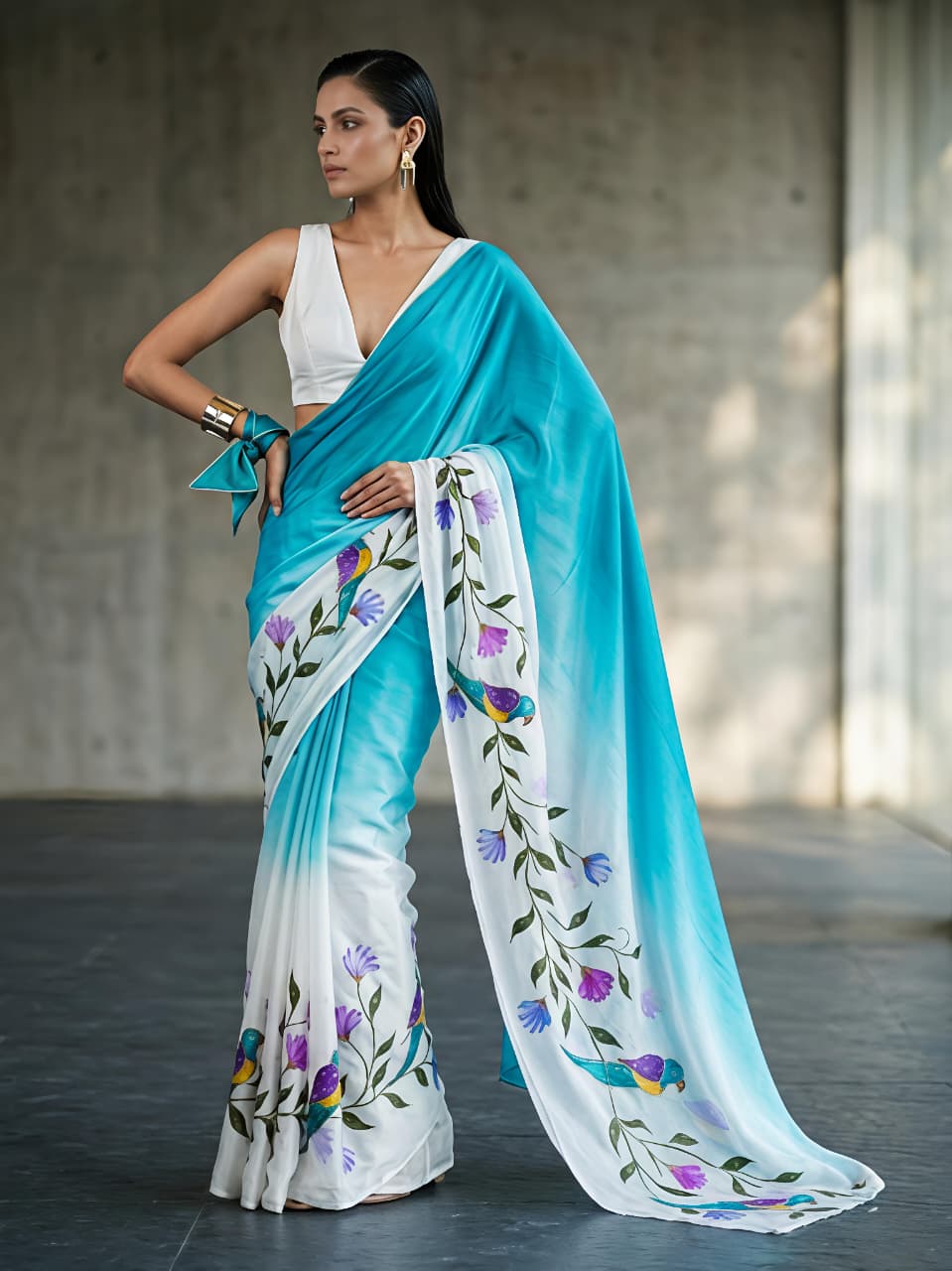 Premium Blue Fandy Silk Saree with Parrot Print, Cutdana Handwork and