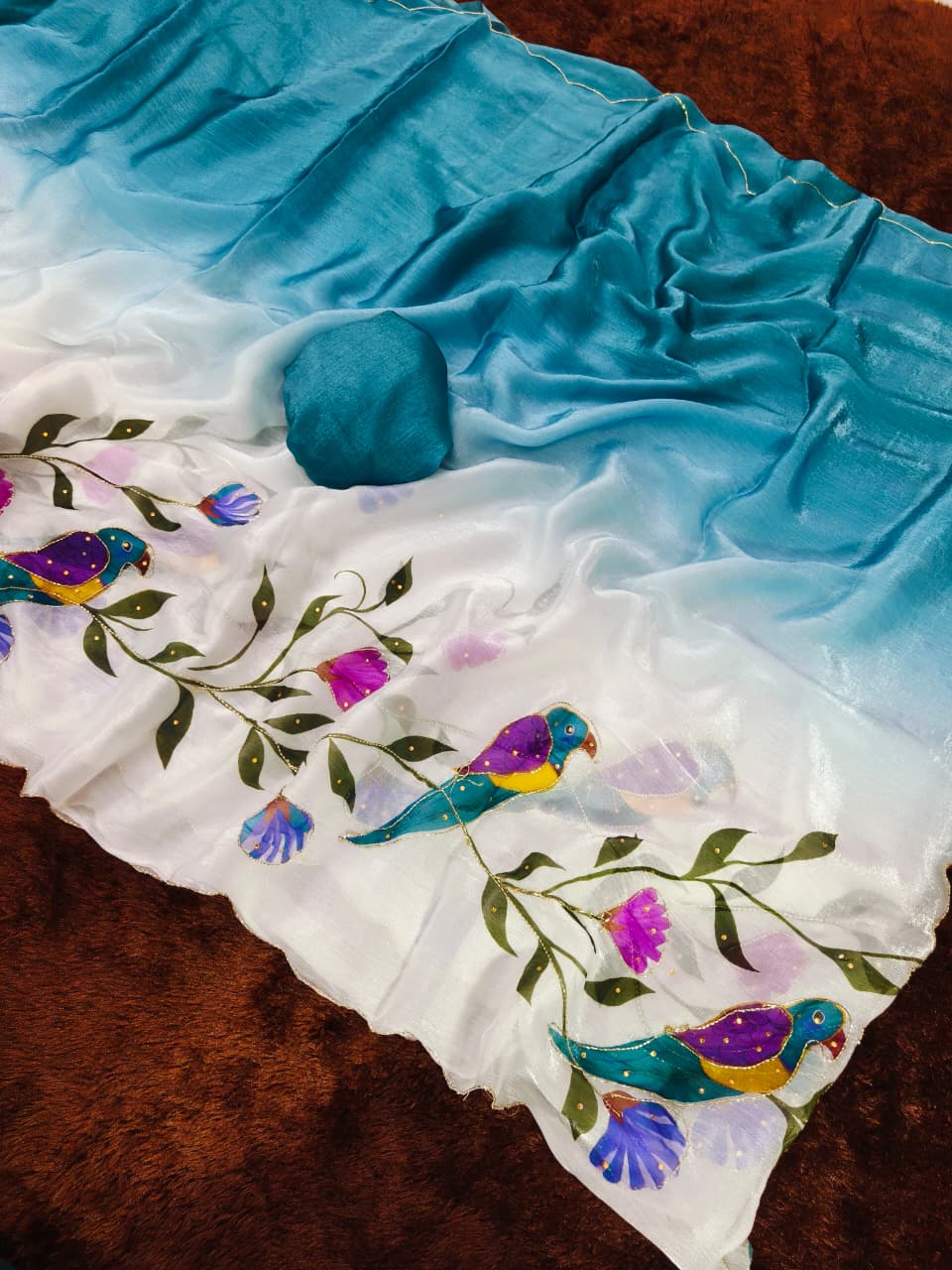 Premium Blue Fandy Silk Saree with Parrot Print, Cutdana Handwork and