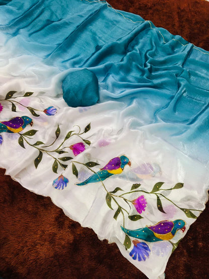 Premium Blue Fandy Silk Saree with Parrot Print, Cutdana Handwork and