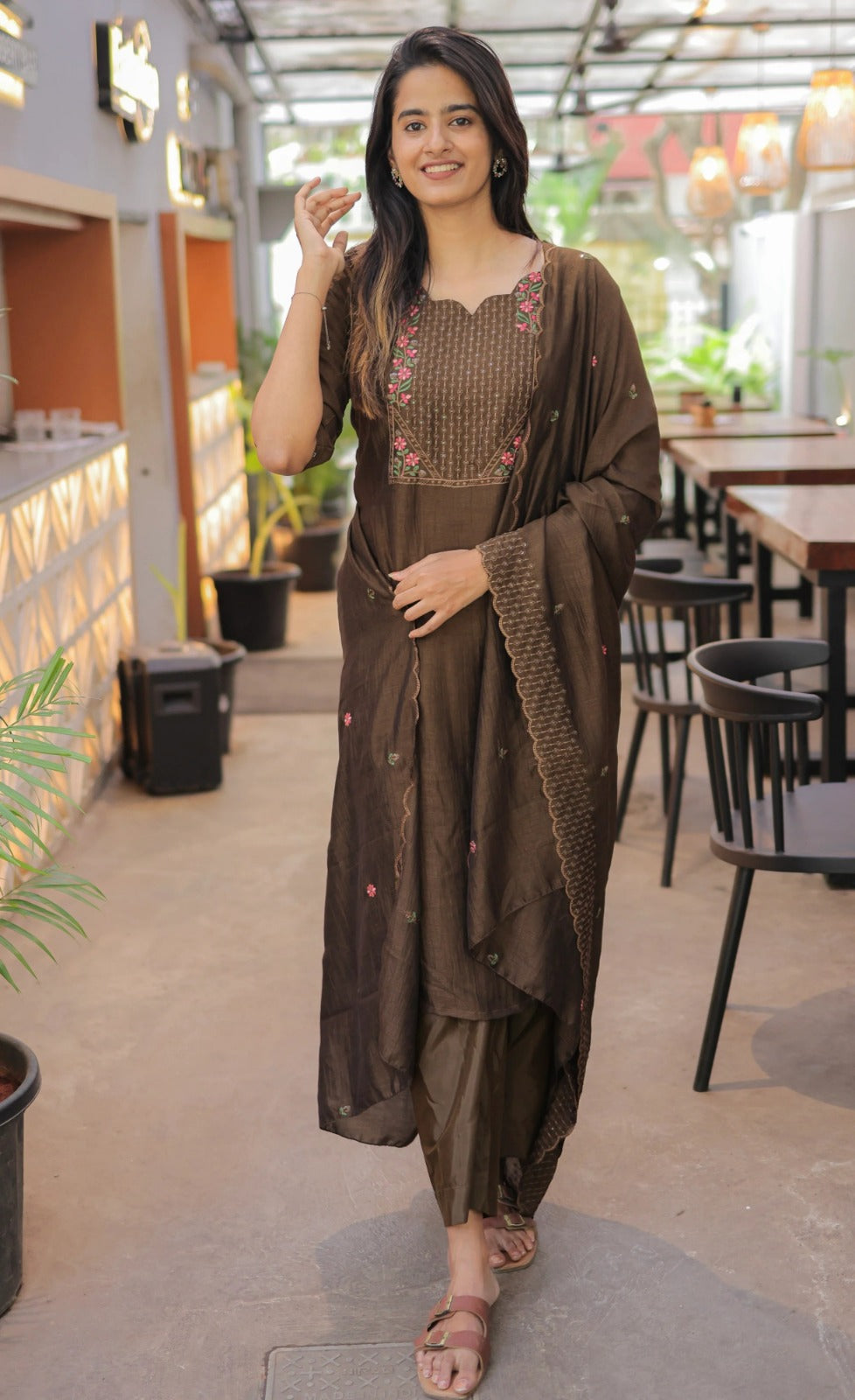 Premium Brown Cotton Kurta Set with Chanderi Dupatta for Women