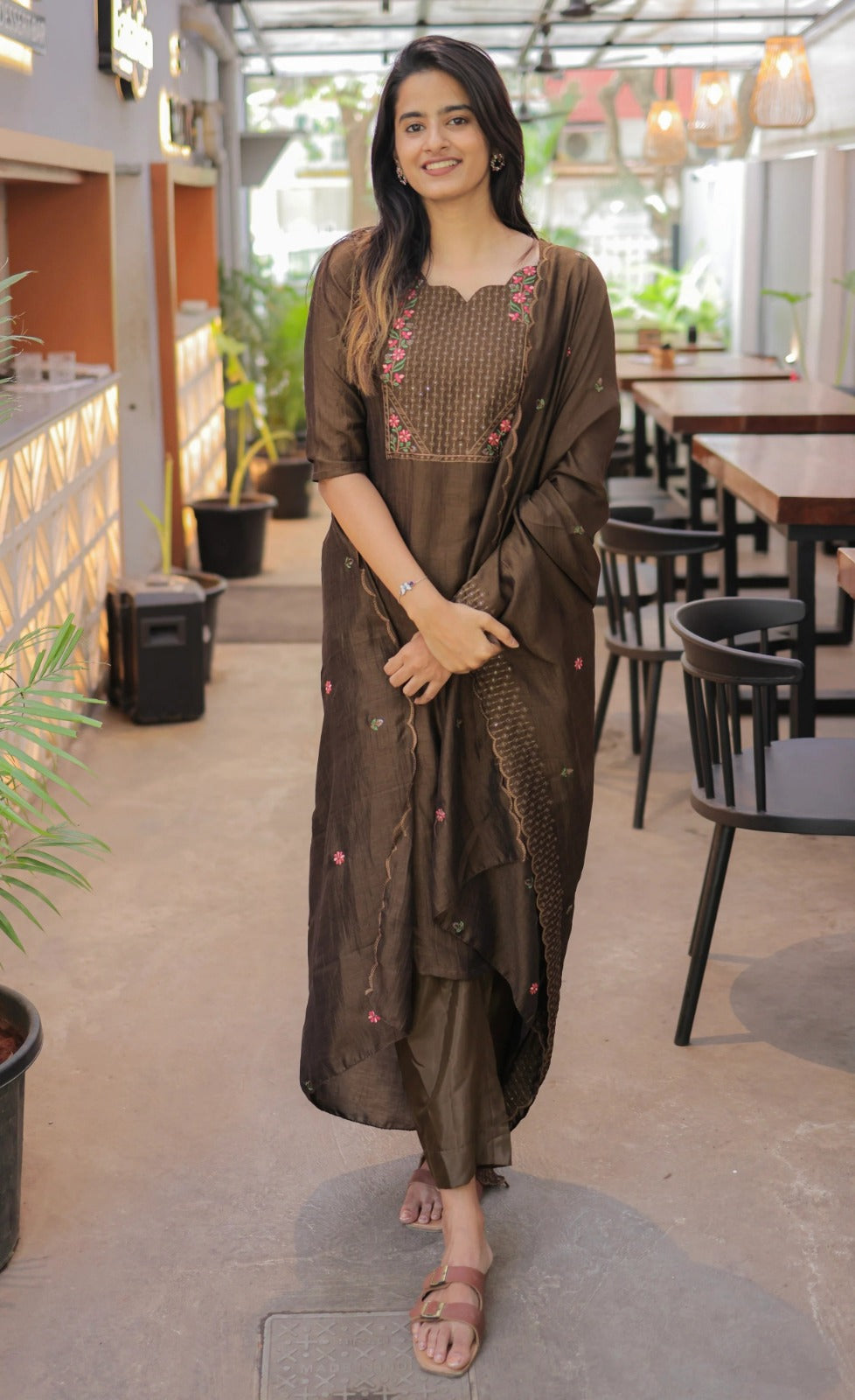 Premium Brown Cotton Kurta Set with Chanderi Dupatta for Women