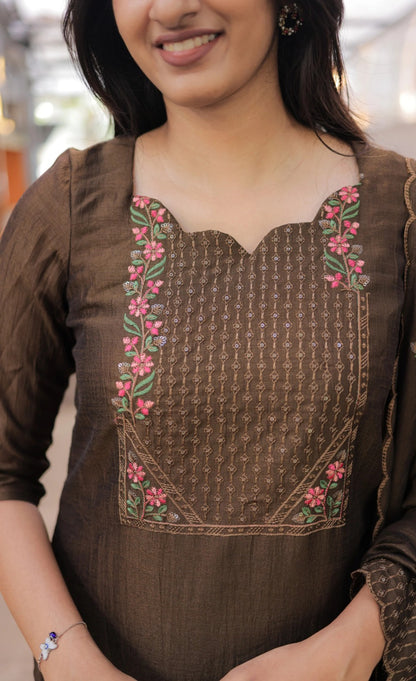 Premium Brown Cotton Kurta Set with Chanderi Dupatta for Women