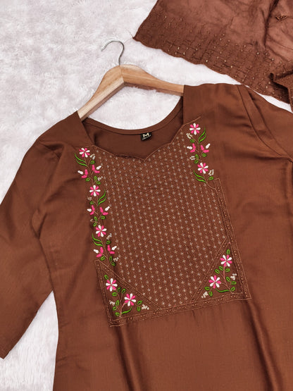 Premium Brown Cotton Kurta Set with Chanderi Dupatta for Women