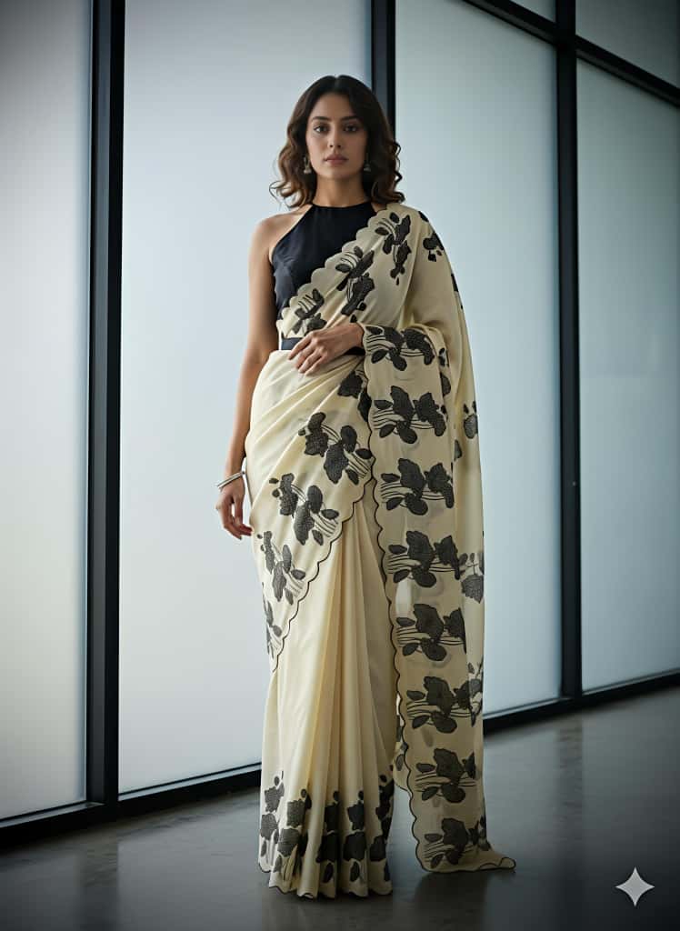 Premium Chikoo Floral Tussar Silk Ethnic Wear Saree for Women