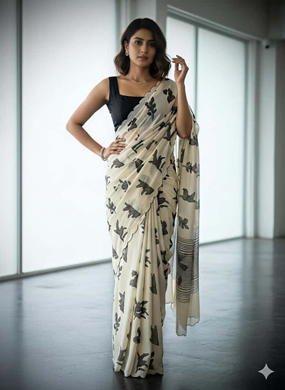 Premium Chikoo Floral Tussar Silk Ethnic Wear Saree for Women