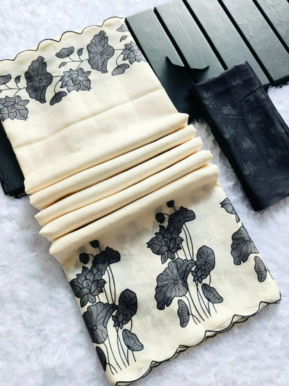 Premium Chikoo Floral Tussar Silk Ethnic Wear Saree for Women