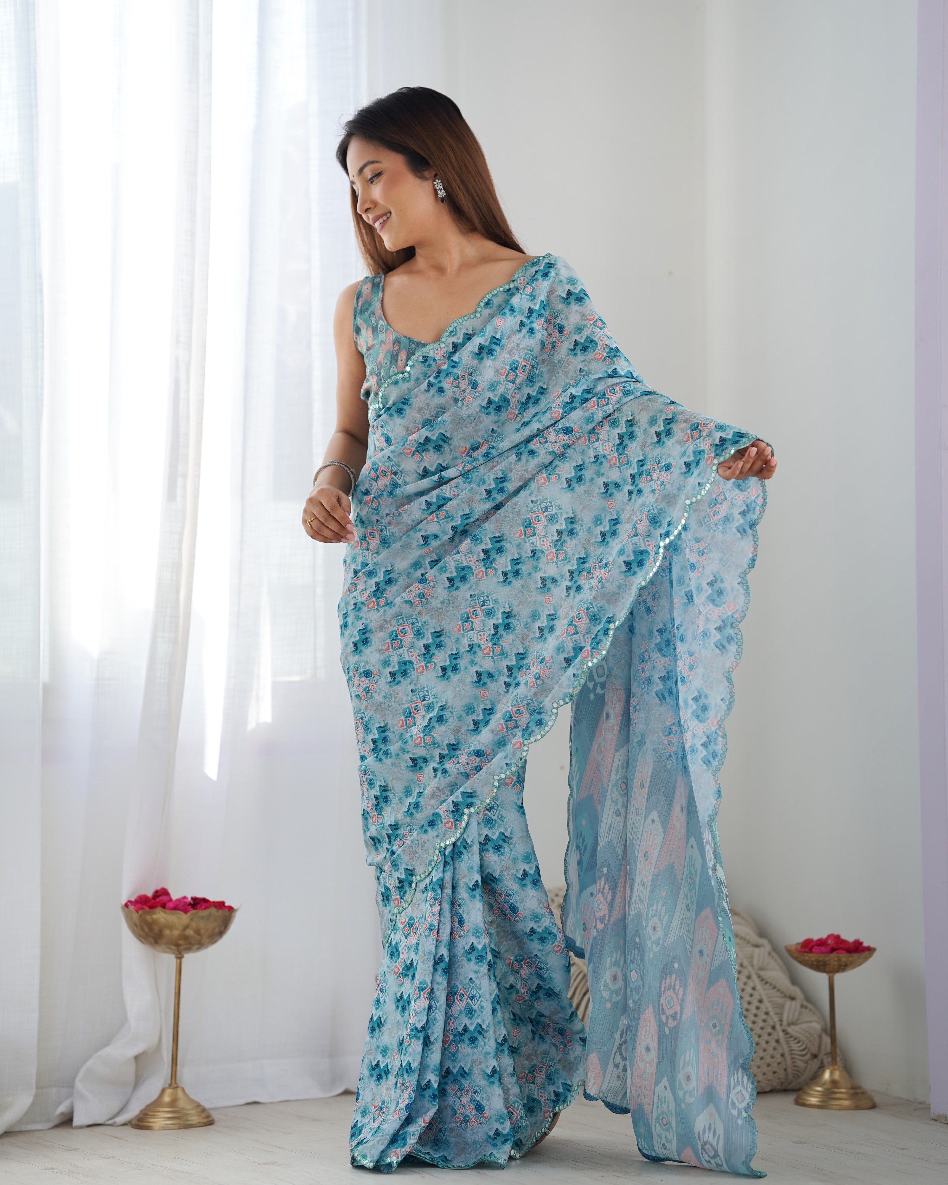 Premium Chinon Saree with Mirror Lace Border