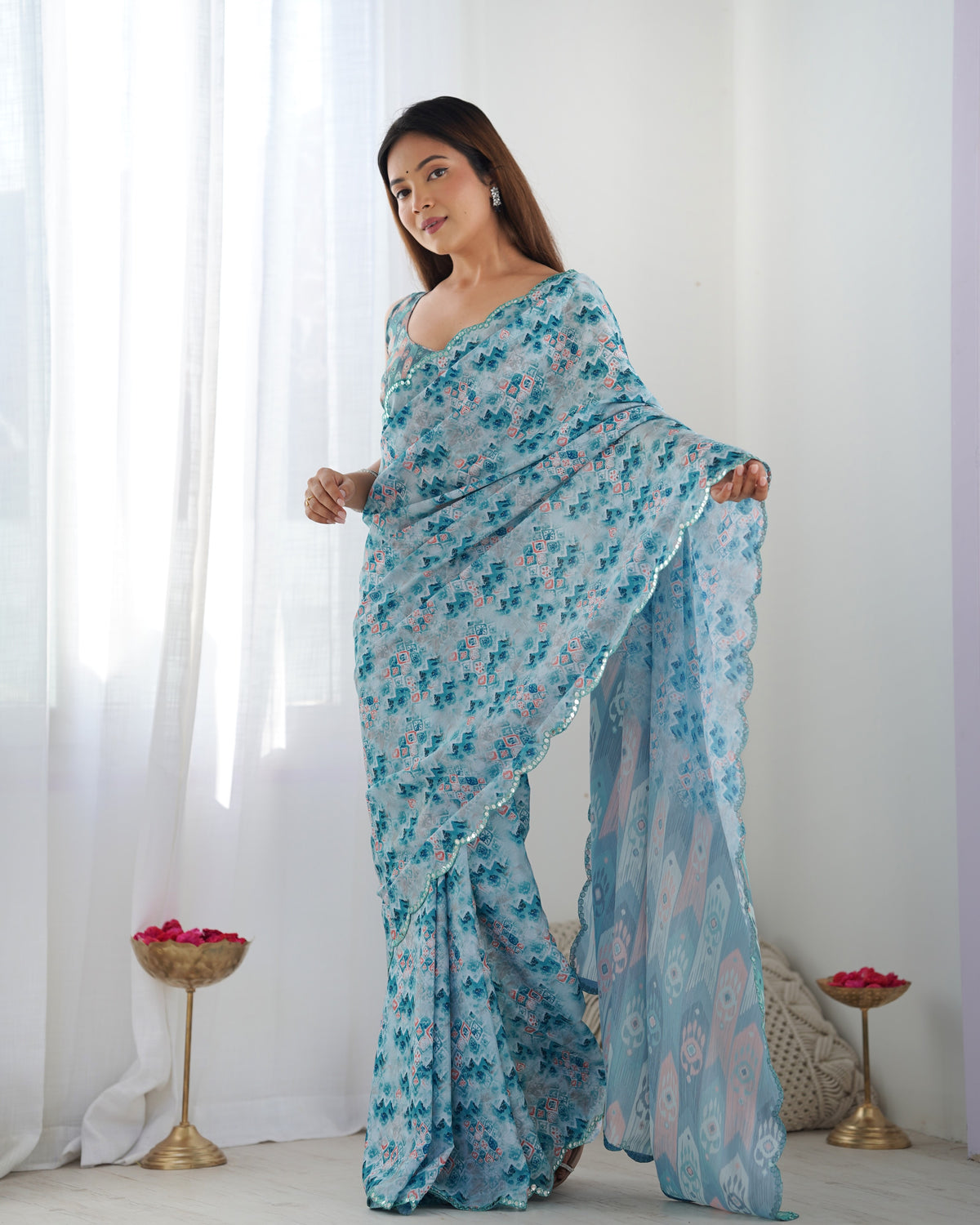 Premium Chinon Saree with Mirror Lace Border for Women