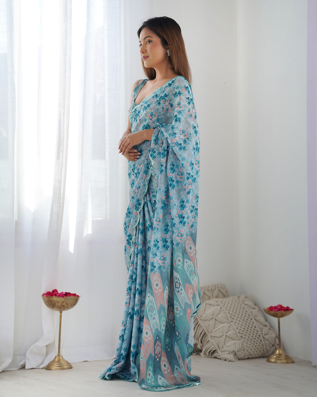 Premium Chinon Saree with Mirror Lace Border for Women